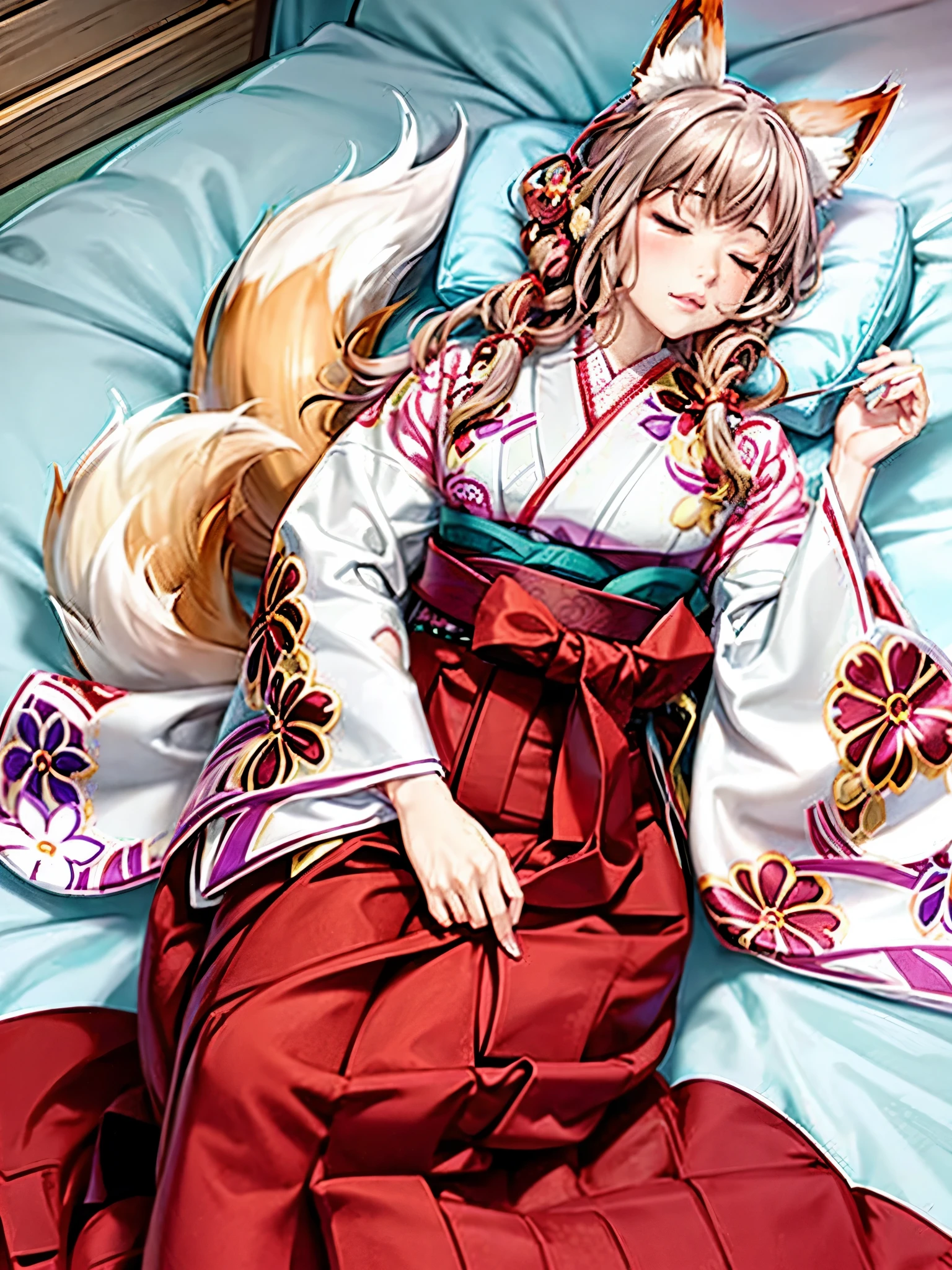 Anime, girl, woman, teenager, hakama, furisode, long hakama, floral pattern kimono, fox, fox ears, fox tail, big ears, big tail, Sleeping woman, sleeping face