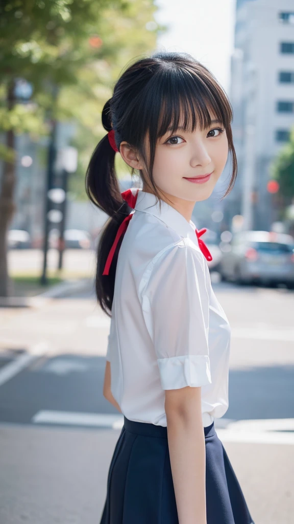 (masterpiece, best quality:1.1), (8k, raw photo, photo realistic:1.2, f22), (shiny skin), detailed skin,ponytail,ribbon,detailed face, detailed eyes,smile,BREAK, real world, intricate details, smil, BREAK, 1girl, full body,(short sleeve,ribbon,red,stripe),BREAK, (street:1.4)