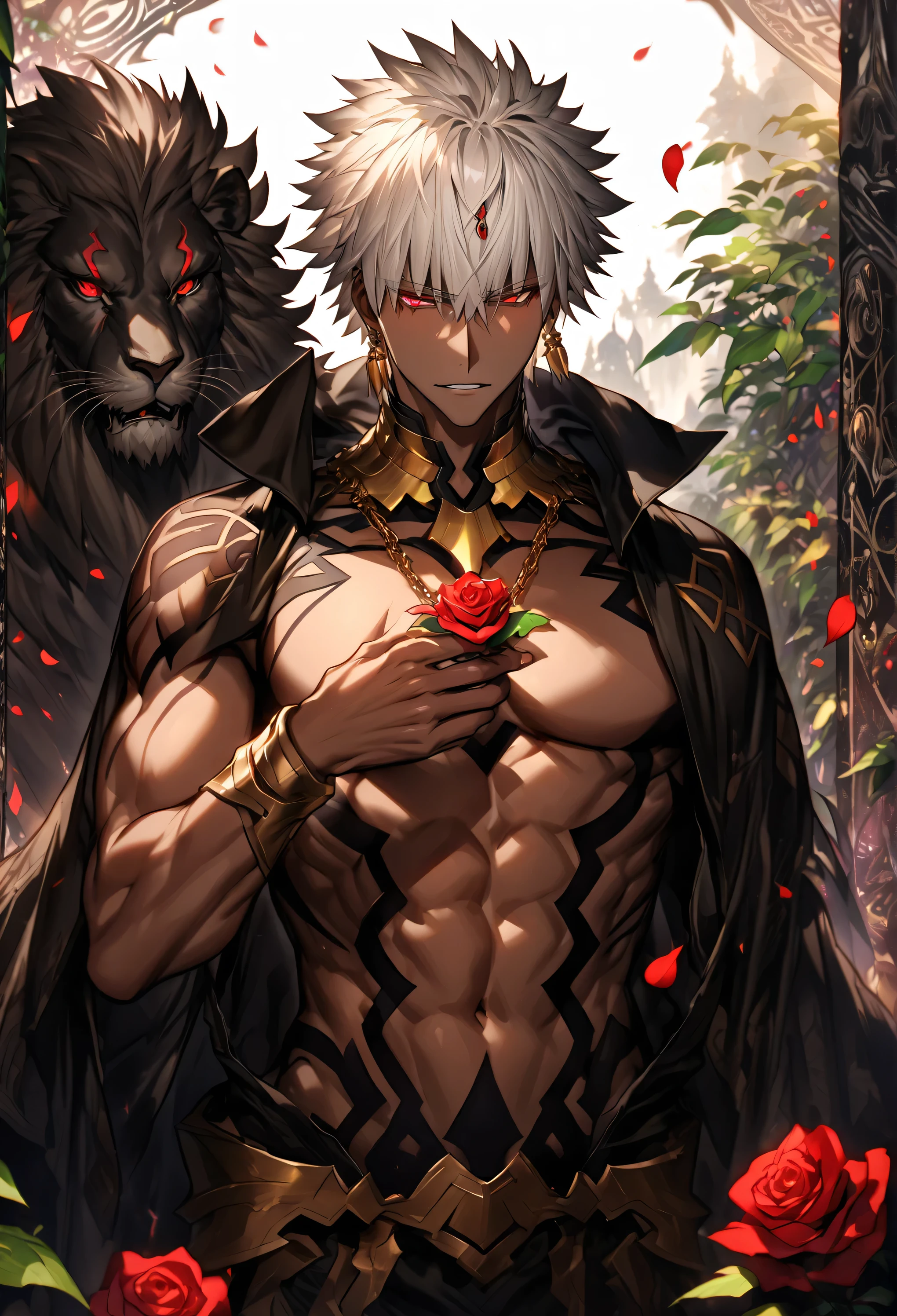 absurdres, highres, ultra detailed, HDR, master piece, best quality, extremely detailed, detailed eyes, detailed face, Gilgamesh, short White hair, white hair, tan skin, dark skin, expressive red eyes, Fate Grand Order, solo, sexy man, handsome, sensual, adult face, golden necklace, , black clothes, large lions main fur on back of clothes, fur neck, toned chest, magic circle, black garden, green leaves, red petals, black roses, fantasy, magical, holding a black rose, tan skin, dark skin, tan