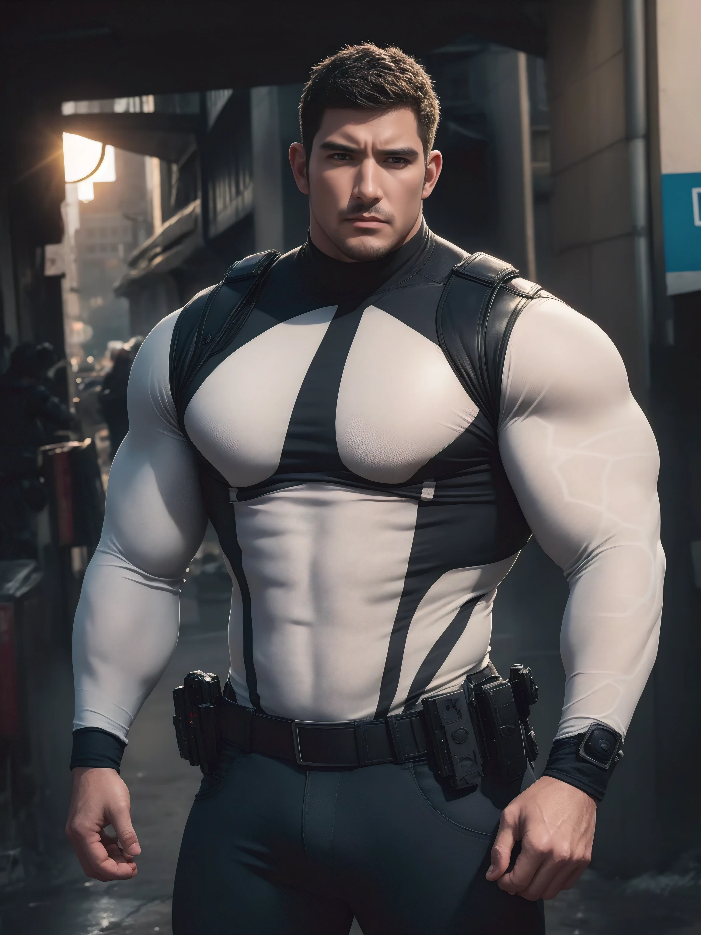 Angry super muscular man,  Buzz Cut，On the old-style outdoor street under the hot sun, Wear a long-sleeved cream superhero bodysuit, Thickened warm elastic texture，Clothes are very dirty with mud stains，The expression is arrogant, Thick thighs, Messy hair, Thick thighs, High collar, long sleeve, cream white superhero bodysuit, very tight, Regular symmetrical pattern, Highlight muscles, Police uniform pants, character concept（Resident Evil - Chris Redfield, Chris Redfield）A proud expression, Deep and charming eyes, Heroic male pose, tall Burly, muscular！muscular thighs, tough guy, perfect facial features, High, Burly, Heqiang, Super polished and cool, High Resolution Committee, Charismatic, The sun is blazing, dazzling