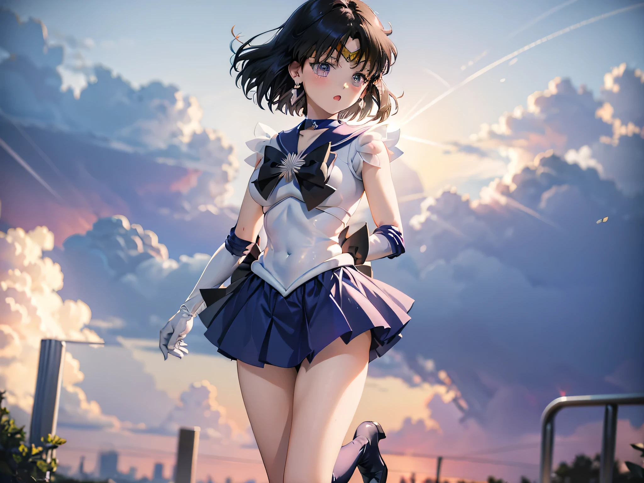 (full body)，high resolution，Detailed Description，highest quality，(sailor senshi uniform),Sailor Saturn，Black Hair，cosmos，leotard，High leg，Purple Skirt，Knee-high boots，Elbow Handbags，Thick thighs，The skirt is short,A white leotard is visible under the skirt.，The skirt is blown away by the wind，Defenseless crotch，blush，Embarrassed expression，Open your mouth，