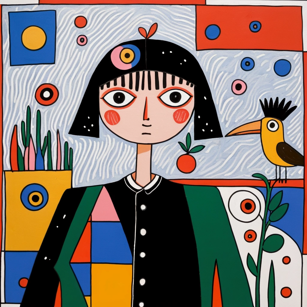 in the style of Thierry Noir（artist），
a painting with a funny looking cat with a hat holding a red bird , in the style of de stijl, playful cartoons, monumental figures, vivid birdlife, maquette, fine lines, childlike innocence 