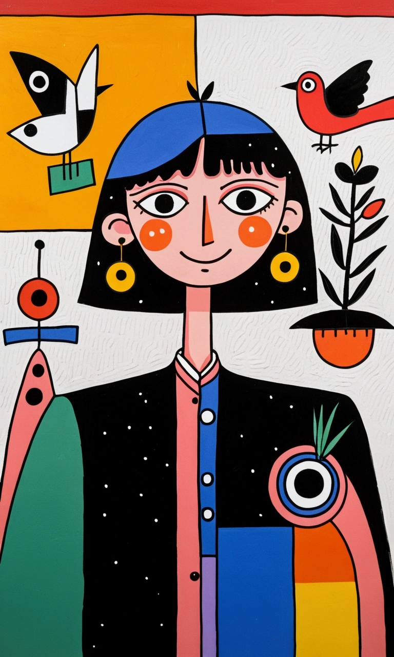 in the style of Thierry Noir（artist），
a painting with a funny looking cat with a hat holding a red bird , in the style of de stijl, playful cartoons, monumental figures, vivid birdlife, maquette, fine lines, childlike innocence 