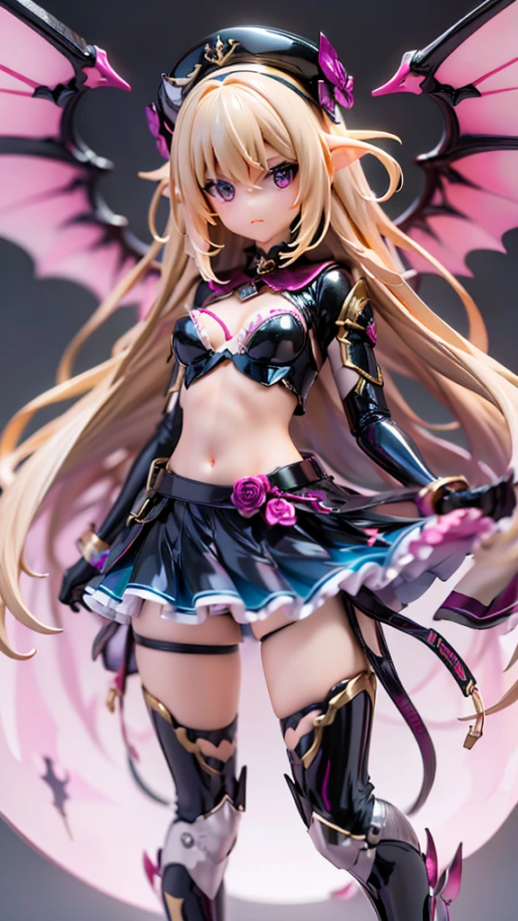 This character is a beautifully designed anime-like character with delicate features. She has long pastel purple hair that flows down to her ankles, and her bangs are swept to the side. Her eyes are large and expressive, with pink irises often seen on anime-style characters. She wears a fantasy-inspired outfit that combines purple and black colors with gold accents. The outfit includes a fitted bodice with a high collar, ruffles, lace detailing, and ribbon-knit thigh-high stockings. Characters are decorated with ribbon-like accessories, such as large ribbons in their hair and small ribbons in their costumes. She also has gold chains dangling from her hips and thighs. She is wearing a swimsuit, which often features frills and purple. It was midnight, and the darkness of the night highlighted the yellow stars. Her back is one-sided with angel wings.
