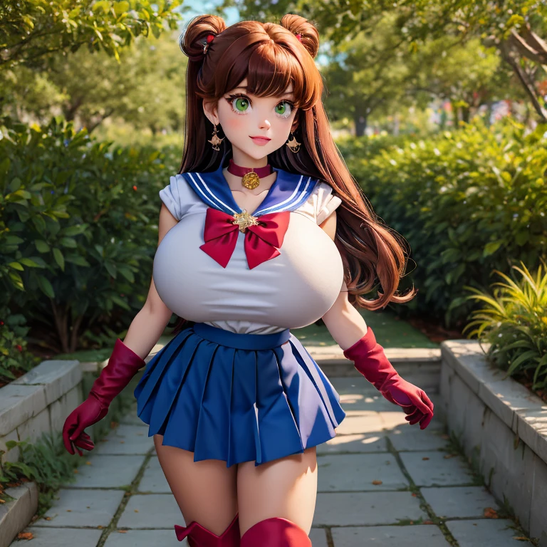  women, red long hair, green eyes elbow gloves, star (symbol), earrings, bow, jewelry, boots, sailor senshi uniform, crescent, blue sailor collar, gloves, sailor collar, blue skirt, red footwear, skirt, pleated skirt breasts, standing in the park,