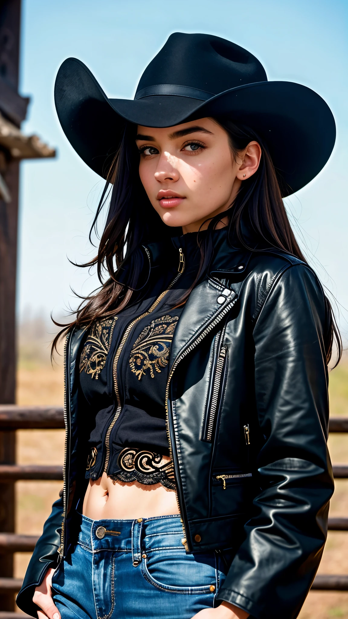 A highly detailed masterpiece depicting a single girl. The artwork is of the best quality, with a resolution of 8k and enhanced by a masterpiece effect. The girl is portrayed in an ultra-detailed manner, showcasing intricate facial features, such as beautiful, detailed eyes, and lips. The lighting is perfected to enhance the overall image, with a focus on the girl's face. She is depicted in a cowboy shot, wearing a black jacket. The medium used for this illustration is a high-quality medium, emphasizing the artistry and skillful execution of the artwork. Jenya.d