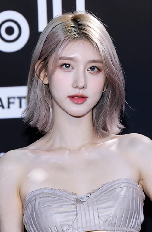 A kind and beautiful woman, Half-body photo, Delicate and sexy collarbone, Attractive oval face, double eyelid, Clever pink eyes, Pink Lips, Small Nose, Bare shoulders, Concentrated face, Face Up, Ultra-high resolution, Super detailed, Elegant standing posture, Expensive grey-blue cloth, Transparent underwear, The lace of her bra is exposed