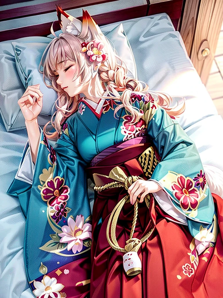 Anime, girl, woman, teenager, hakama, furisode, long hakama, floral pattern kimono, fox, fox ears, fox tail, big ears, big tail, Sleeping woman, sleeping face