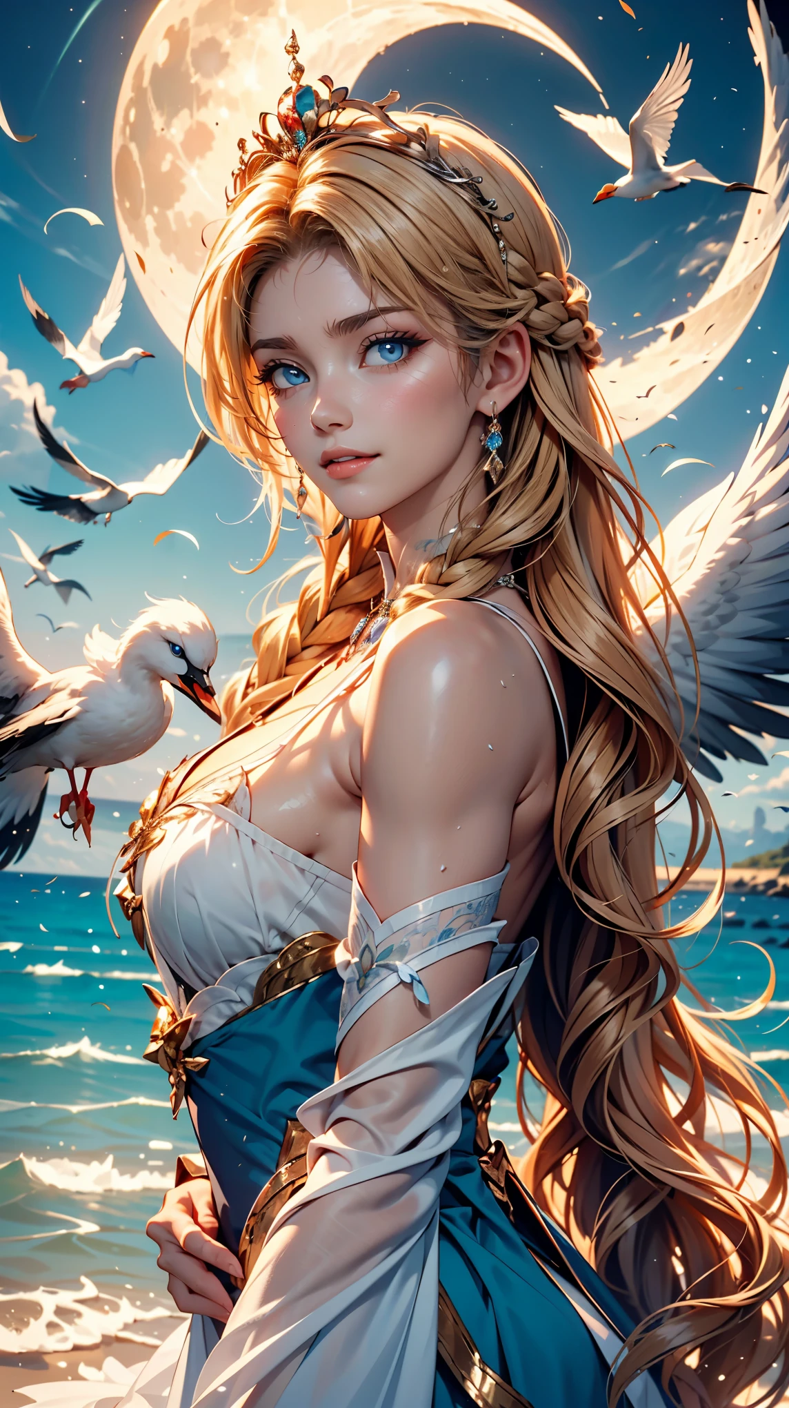 ,((Highest quality))),8k,((masterpiece)),(Very sophisticated and beautiful), A girl emerges from the sea, The Swan Princess of Russian Mythology, Beautiful calm face, blue eyes, Long blonde hair braided, Moon braid at the back of the head, With a kokoshnik crown on his head、White and shiny old Russian clothing, Loving eyes, Half-laugh, There was a gentle look on his face, Background seascape and sunlight, Seagulls in the sky, full length, realism