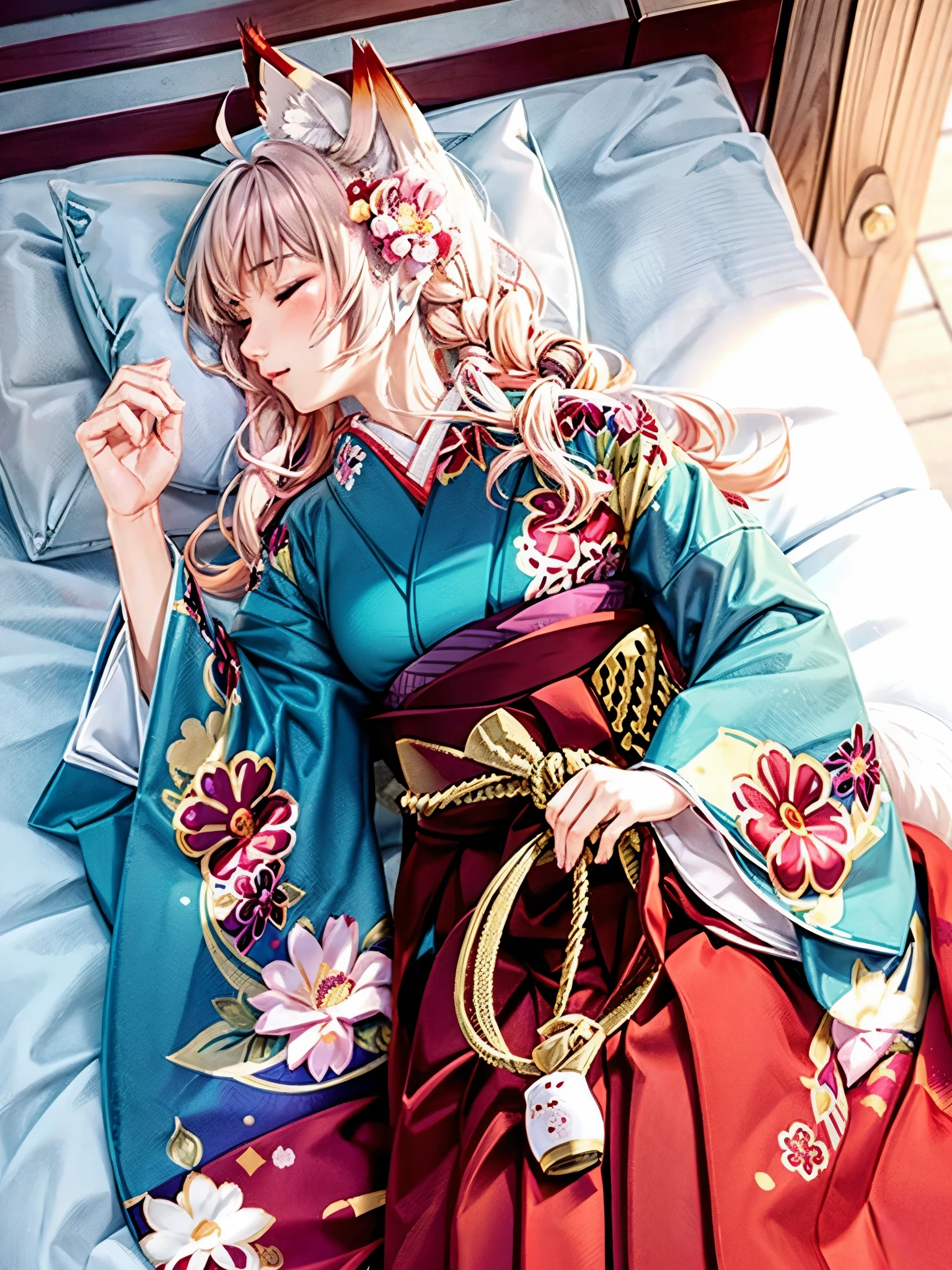 Anime, girl, woman, teenager, hakama, furisode, long hakama, floral pattern kimono, fox, fox ears, fox tail, big ears, big tail, Sleeping woman, sleeping face