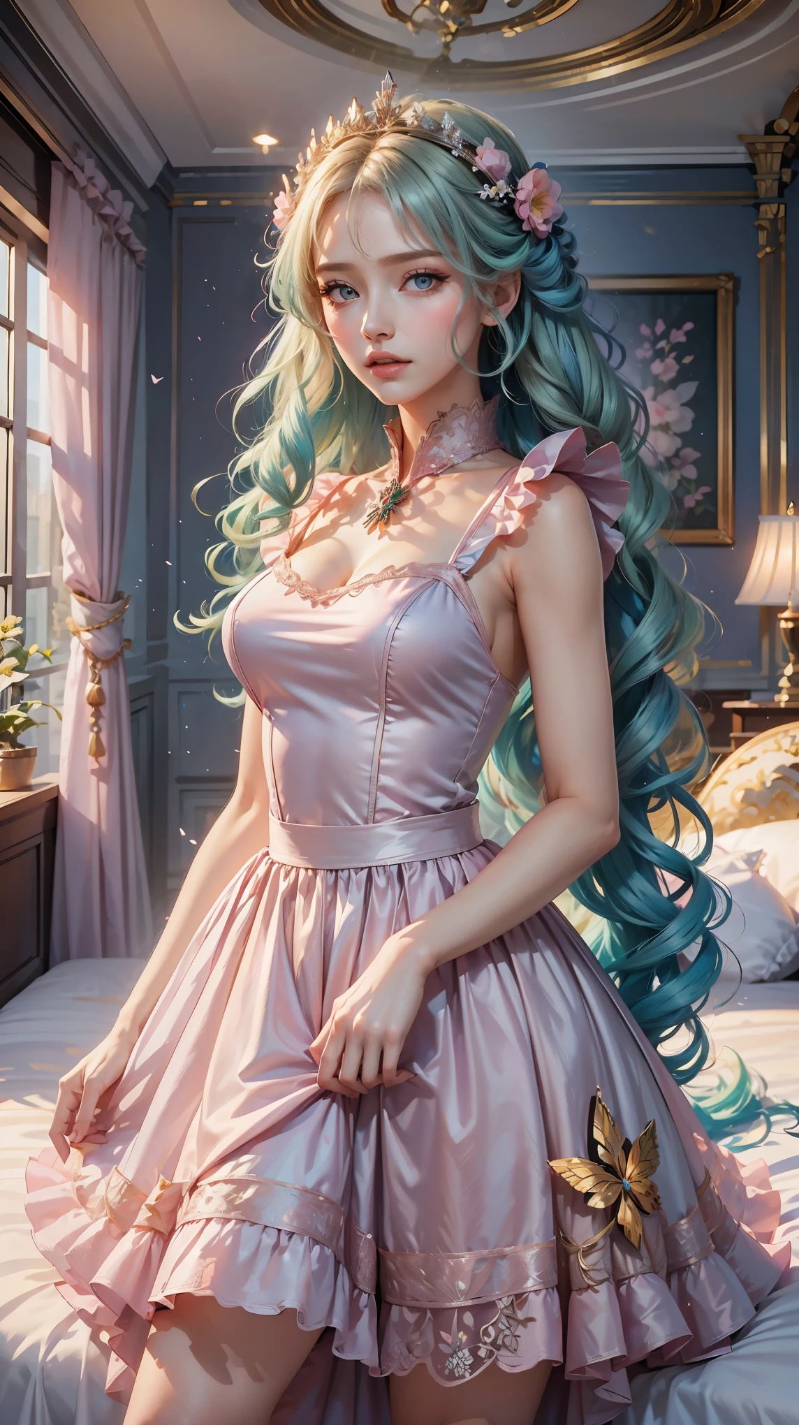 Best quality, masterpiece, ultra high res, raw photo, beautiful and aesthetic, deep shadow, fairy theme,(ultra detailed:1.3),
1girl, sexy pose, flower headdress, drill hair, long hair, blonde hair, gradient hair, yellow eyes, solo, huge breasts, big hair, blue hair, divine goddess, looking at viewer, indoors, queen bedroom, empress bed, room full of curtain, astraea, full body, pink dress, cute maid dress, transparant dress,