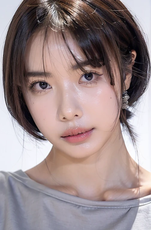 A kind and beautiful woman, Half-body photo, Delicate and sexy collarbone, Attractive oval face, double eyelid, Clever pink eyes, Pink Lips, Small Nose, Bare shoulders, Concentrated face, Face Up, Ultra-high resolution, Super detailed, Elegant standing posture, Expensive grey-blue cloth, Transparent underwear, The lace of her bra is exposed