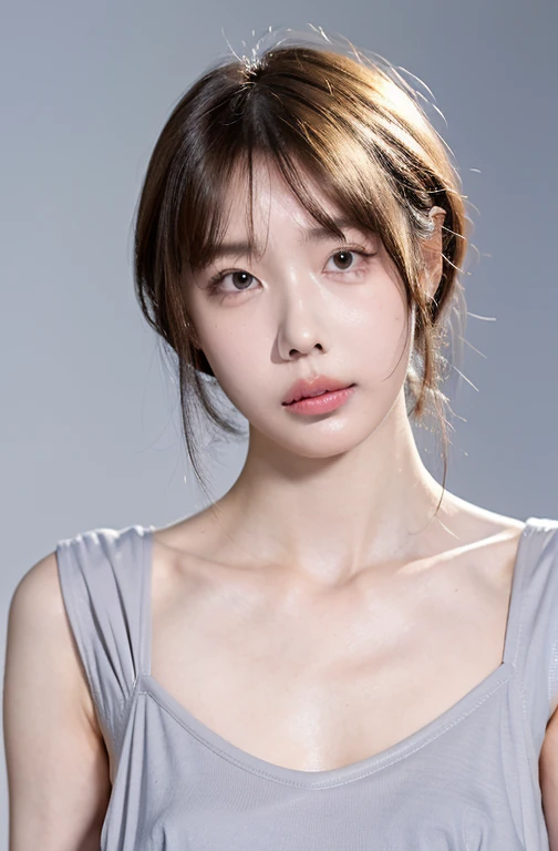 A kind and beautiful woman, Half-body photo, Delicate and sexy collarbone, Attractive oval face, double eyelid, Clever pink eyes, Pink Lips, Small Nose, Bare shoulders, Concentrated face, Face Up, Ultra-high resolution, Super detailed, Elegant standing posture, Expensive grey-blue cloth, Transparent underwear, The lace of her bra is exposed