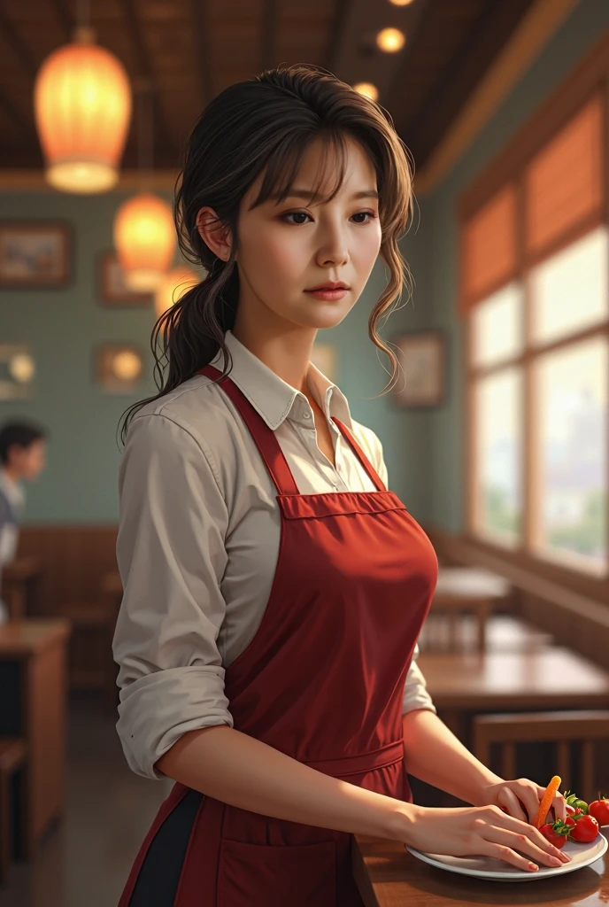 Best Quality、masterpiece、High sensitivity、High resolution、Detailed Description、Delicate facial depiction、Slender women、Mature Woman、Family restaurant clerk、