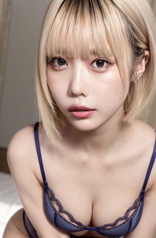 A kind and beautiful woman, Half-body photo, Delicate and sexy collarbone, Attractive oval face, double eyelid, Clever pink eyes, Pink Lips, Small Nose, Bare shoulders, Concentrated face, Face Up, Ultra-high resolution, Super detailed, Elegant standing posture, Expensive grey-blue cloth, Transparent underwear, The lace of her bra is exposed