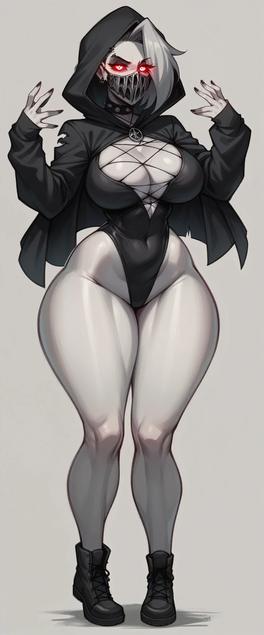 Noir (nod) (loona). wearing a goth skin full body lovesuit thicc. Big hips. Huge tits. 
 Hood. faceless mask. Lewd. Lust. Glowing eyes. At night. Monster. 