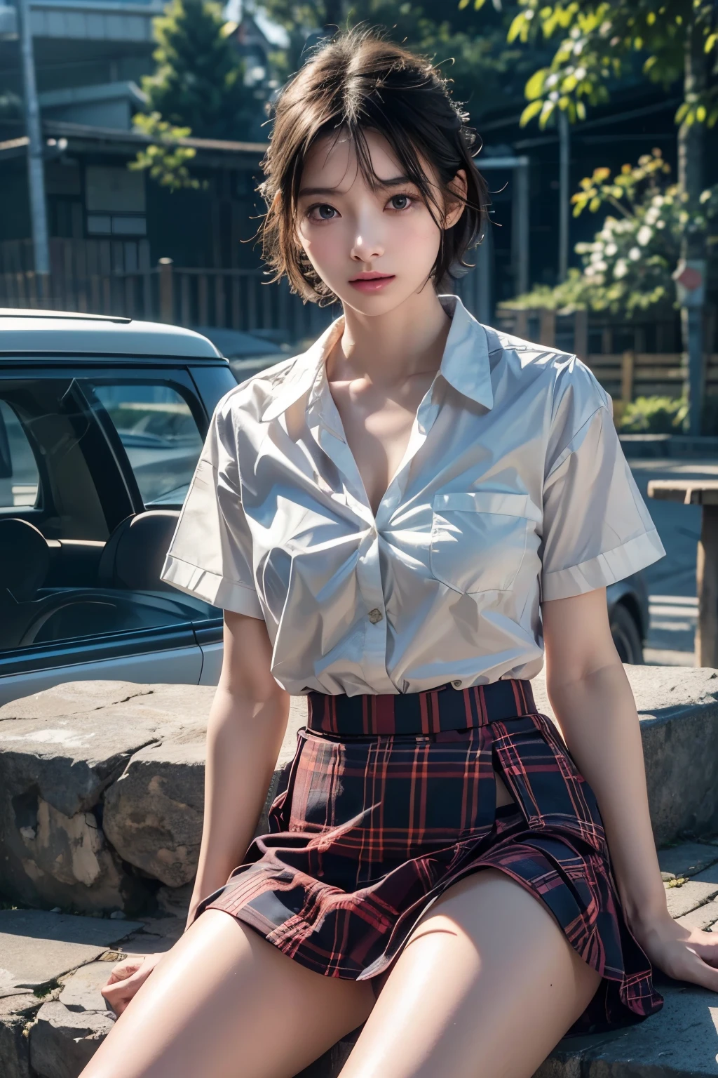 (((Realistic photograph))),, Portraiture, (Clear, A glowing face without makeup:1.3),, Super Beauty, View your audience, , (School uniform:1.2), Button-down shirt, , (Clevis:1),, In a Japanese town, (Environment details:1.3),, (RAWphotograph, CG Unity, photograph, ultra Realistic details, Sharp focus, Detailed skin,4K, High resolution, masterpiece, Best Quality, Realistic, Vibrant:1.2),, (8k,4K, 超High resolution, High resolution, professional, movieのような, movie, dramatic),, (Anamorphic depth of field blur background), Detailed Background,Clear and glowing skin、short hair、Tense chest、Red and black tartan check mini skirt.、Narrow waist、Tall and stylish、Sitting on the street、A glimpse of white panties from the delta area.
