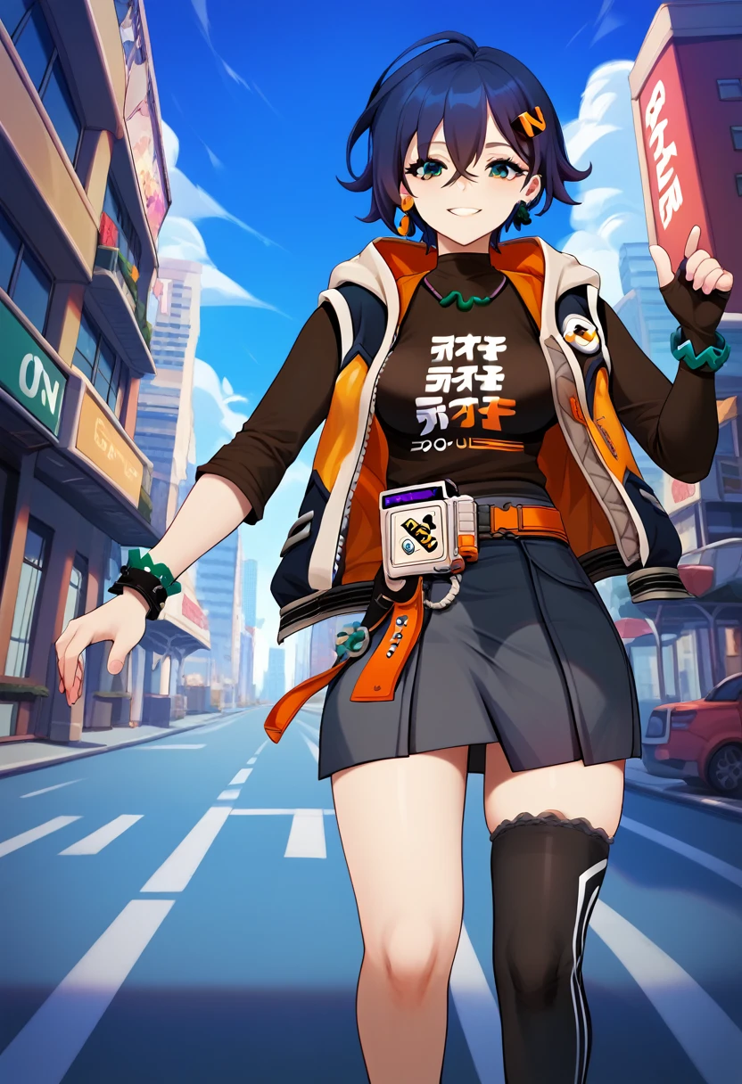 (masterpiece), (Best quality), (Very detailed), (high resolution), (8Khighres), (cel anime), (detailed beautiful face and eyes), (textile shading), (cowboy shot), (city), belle \(zenless zone zero\), single fingerless glove, black shirt, single thighhigh, earrings, hairclip, sneakers, layered skirt, single sock, sleeveless jacket, asymmetrical legwear, necklace, bracelet, medium breasts, beautiful breasts, walking, smile,,