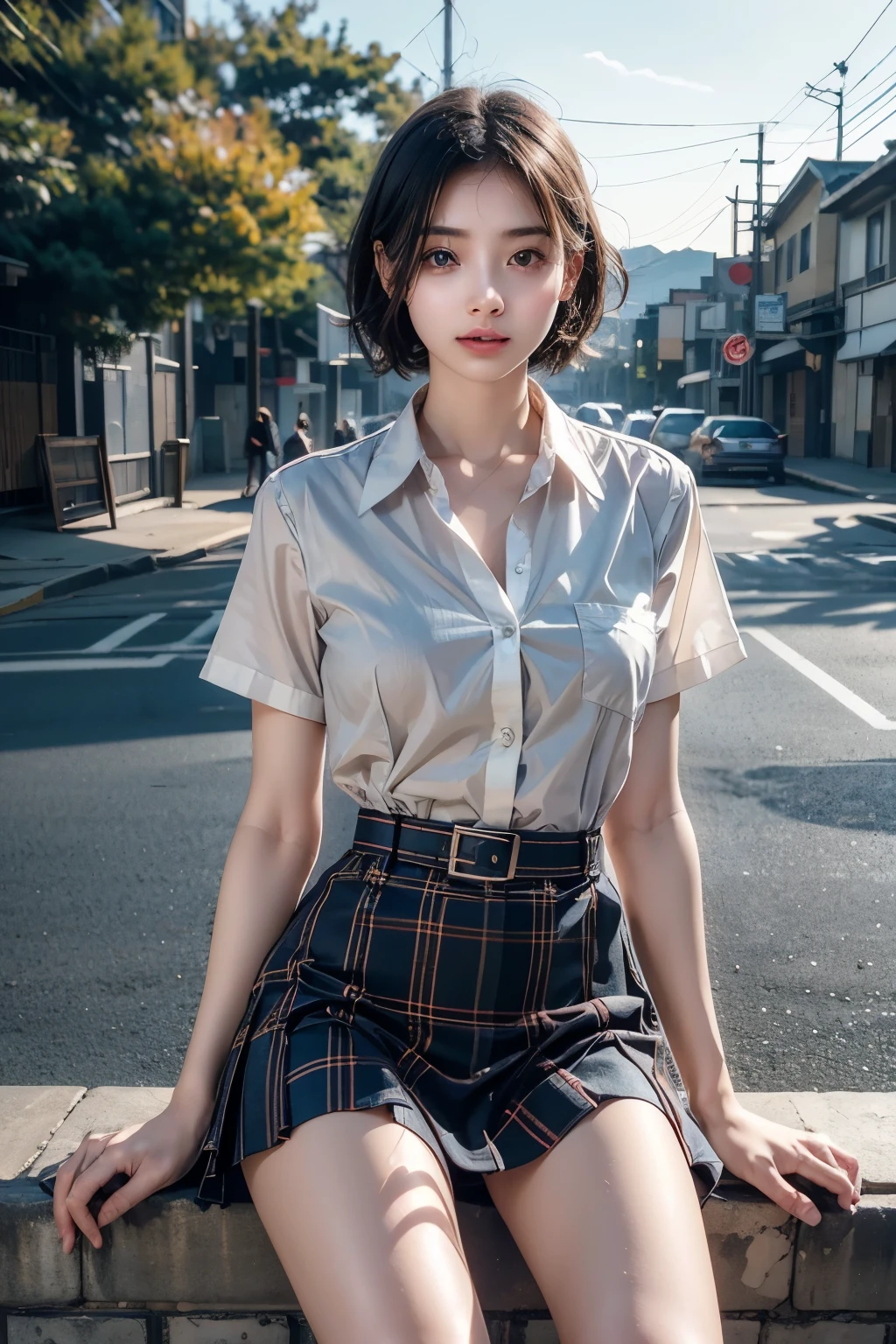 (((Realistic photograph))),, Portraiture, (Clear, A glowing face without makeup:1.3),, Super Beauty, View your audience, , (School uniform:1.2), Button-down shirt, , (Clevis:1),, In a Japanese town, (Environment details:1.3),, (RAWphotograph, CG Unity, photograph, ultra Realistic details, Sharp focus, Detailed skin,4K, High resolution, masterpiece, Best Quality, Realistic, Vibrant:1.2),, (8k,4K, 超High resolution, High resolution, professional, movieのような, movie, dramatic),, (Anamorphic depth of field blur background), Detailed Background,Clear and glowing skin、short hair、Tense chest、Red and black tartan check mini skirt.、Narrow waist、Tall and stylish、Sitting on the street、A glimpse of white panties from the delta area.
