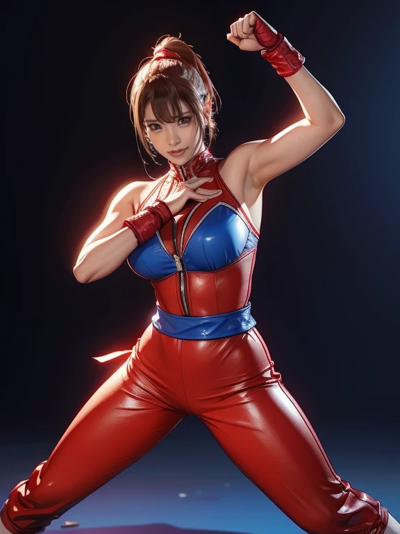 A woman in her 50s dressed in red and blue is posing, Fighting game characters, 3d rendering character art 8k, Asuka, As a Tekken character, King of Fighters characters, Fighter Pose, Mirabelle Madrigal&#39;s Rendering, Combat pose, 3D Character Art, 8k octa-rendered photo, she&#39;Ready to fight, Combat pose