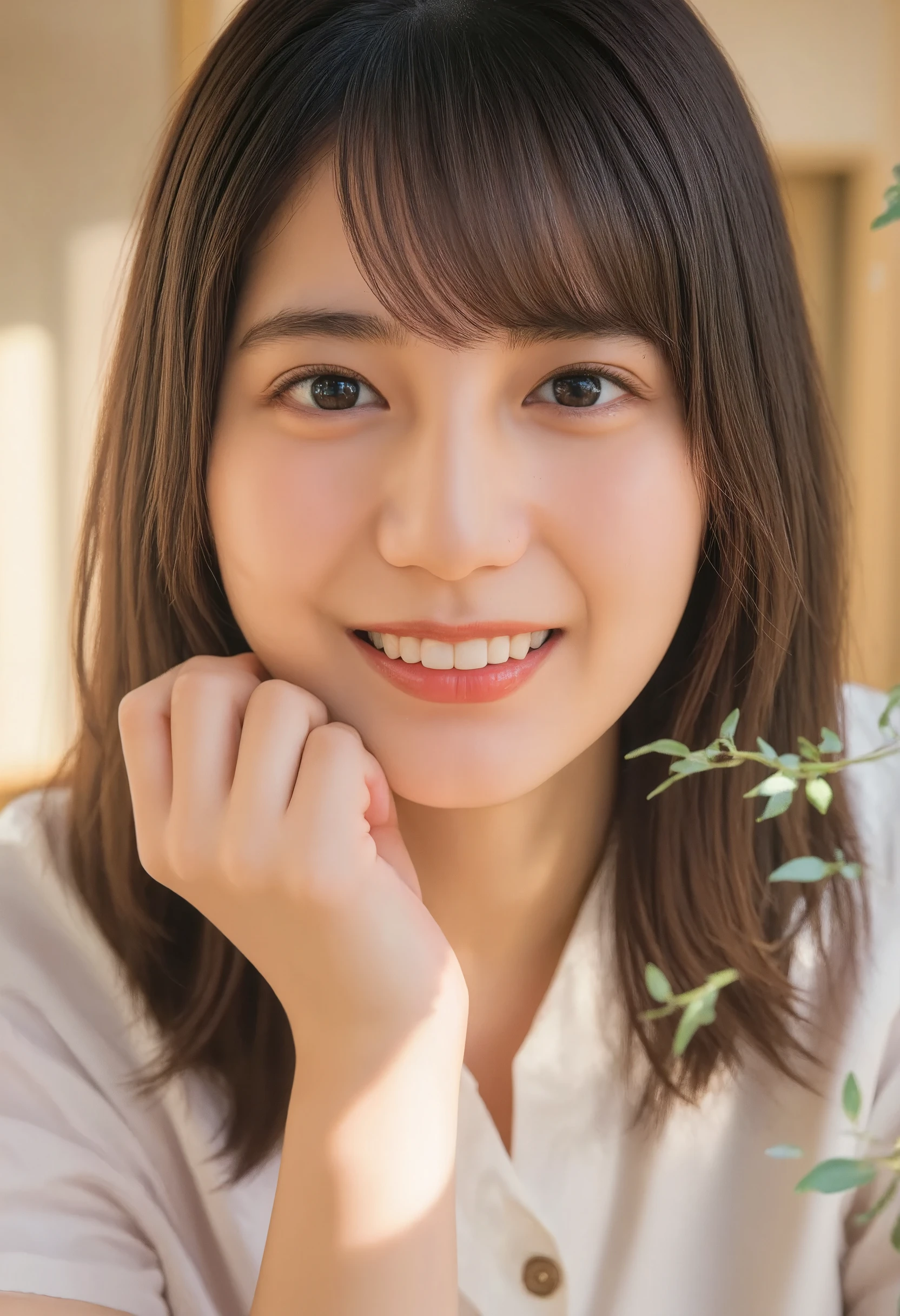 Cute Japanese Women Photos, ((歯を見せてsmile:1.8)), 20 years old, (photo Realistic:1.4), (hyper Realistic:1.4), (Realistic:1.3), (Smoother lighting:1.05), (Improving the quality of cinema lighting:0.9), 32K, 1 person,20 years oldの, Realistic lighting, Backlight, The light shines on your face, Ray Tracing, (Bright light:1.2), (Improved quality:1.4), (Highest quality Realistic textured skin:1.4), fine grain, Detailed face,(smile:0), (Emphasise close-ups of the face:1.3), (Improves skin texture:1.1),((Very accurate anatomy:1.0)), (Improves skin texture:1.1), Clean, glowing skin, mesh, thin:1.2, (Realistic:1.3), Realisticなライティング, (Smoother lighting:1.05), 32K, Japanese women, fine grain, Detailed face, (Film Grain:1.1)