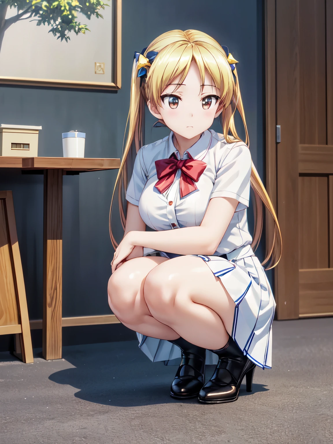 masterpiece, Best Quality, 1 girl, Best Quality、Rin Suzunoki, Perfect in every detail, Alone, 1 girl, Rin Suzunoki, White shirt, Pleated skirt, Blue Skirt, (Genuine、Realistic、Realistic:1.3)、High resolution、超High resolution、Ultra-fine painting、Sharp focus、Physically Based Rendering、indoor,Cowboy Shot、Beautiful Eyes、Sharp Eyes、(Genuine、Real、Real:1.2)、High resolution、High resolution、Ultra-fine painting、 Shift your center of gravity backwards、Place your heels on the ground(Squat:1.3)