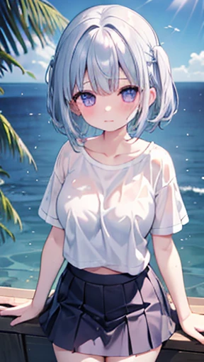 1girls, Solo Focus, type moon style, Kyoto Animation Style, Short hair, (blue hairs:1.7), Blunt bangs, Hair Between Eyes, Clear eyes, side locks, White hair, Shiny hair, beautiful detailed cold face, Seductive smile, Angry, complex details beautiful and delicate eyes, Bare_Shoulders, Small_Breasts, Gray eyes, White skin, Hair Ornament, (((T-shirt))), swim ring, swimsuit, beautiful bare back, Sandals, Skindentation, collar bone, Bare_Legs, beach, Beautiful detailed sky, White sand, tree, very precise details, absurdist, Extremely detailed, 16k wallpaper,remrezero