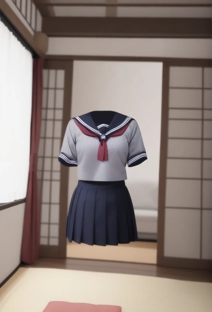 "An empty school uniform floating in a traditional Japanese living room. The uniform consists of a gray sweater and a navy-blue pleated skirt, with a sailor-style collar. The room has wooden floors, shoji doors, a beige couch, a TV, and bookshelves. The scene is well-lit by natural light coming through a large window with light-colored curtains. The uniform appears as if it is worn by an invisible person."