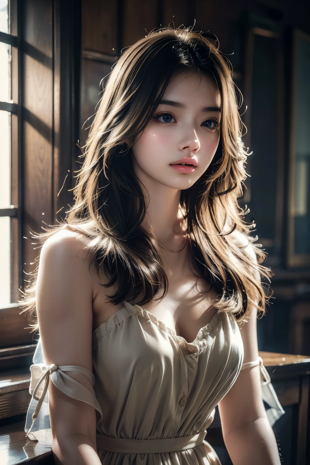 masterpiece, Best Quality, Super detailed, Illustration, Beautiful details, Depth of written boundary, Dynamic Angle, 8K wallpaper, Portraiture, Best light and shadow quality, 4K, 8k, CG, The finer details, Blurred Background, Upper Body, Contemporary, dress, blonde, Long Hair, Beautiful Eyes, Beautiful splashes