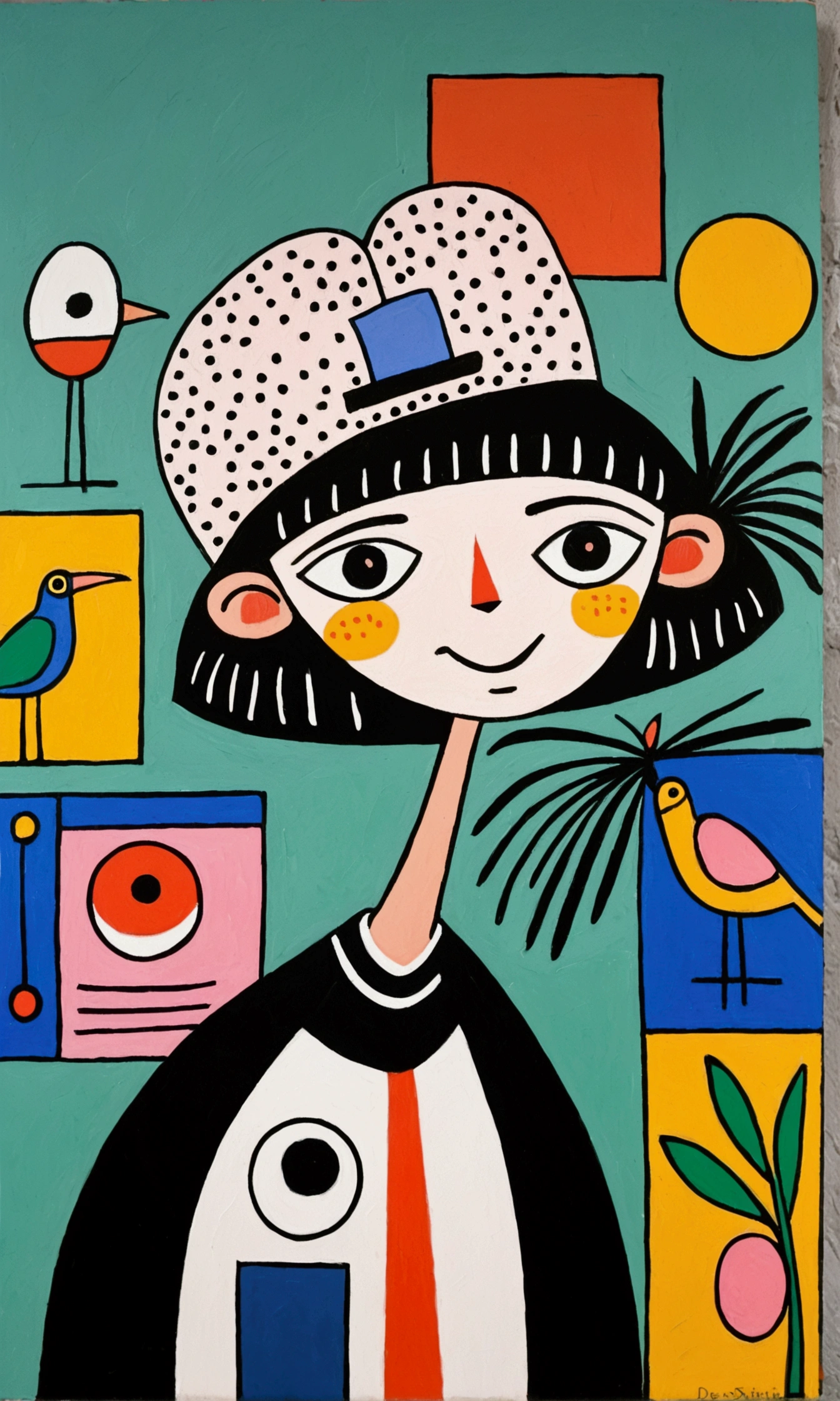 in the style of Thierry Noir（artist），
a painting with a funny looking cat with a hat holding a red bird , in the style of de stijl, playful cartoons, monumental figures, vivid birdlife, maquette, fine lines, childlike innocence 