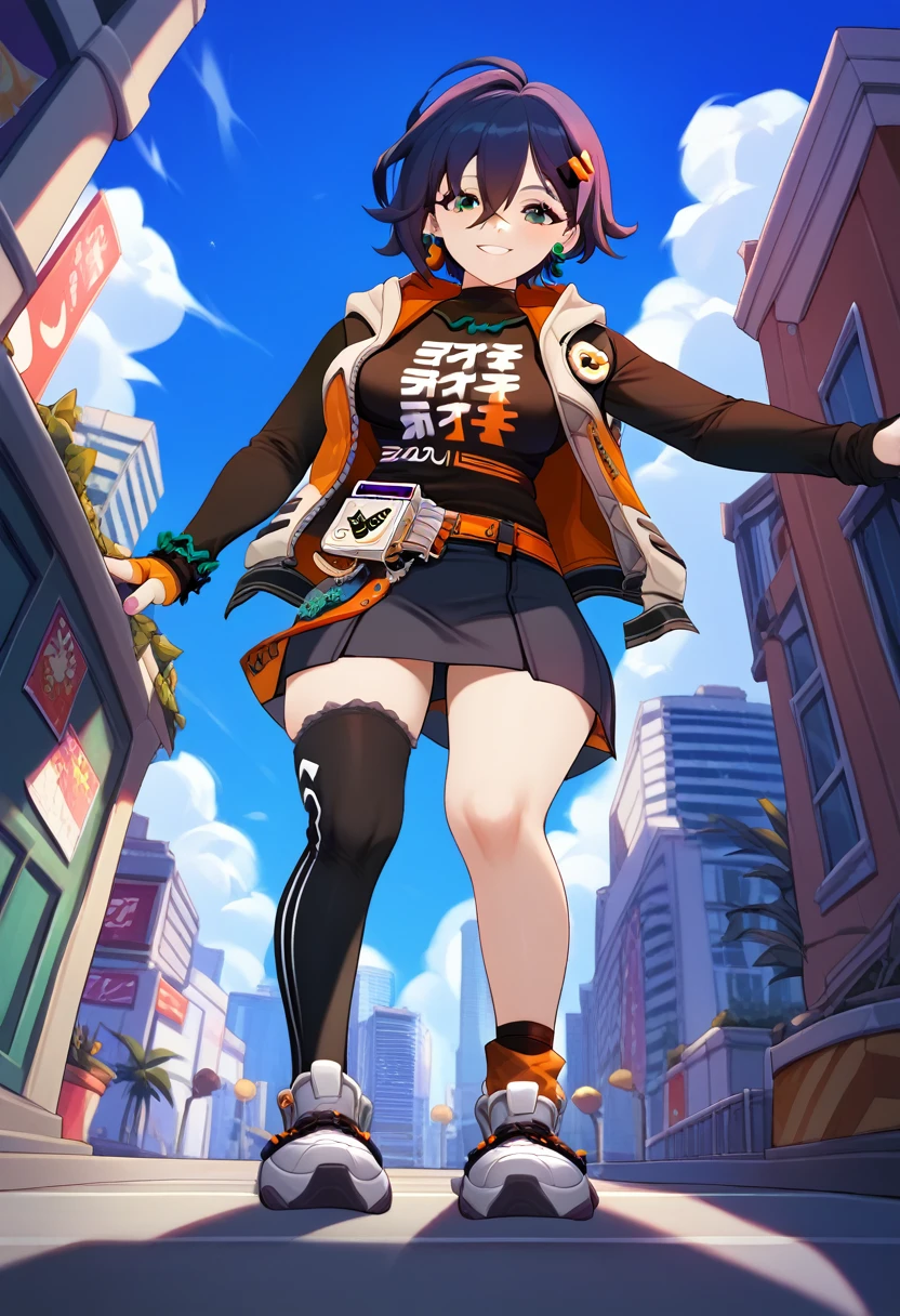 (masterpiece), (Best quality), (Very detailed), (high resolution), (8Khighres), (cel anime), (detailed beautiful face and eyes), (textile shading), (cowboy shot), (city), belle \(zenless zone zero\), single fingerless glove, black shirt, single thighhigh, earrings, hairclip, sneakers, layered skirt, single sock, sleeveless jacket, asymmetrical legwear, necklace, bracelet, medium breasts, beautiful breasts, walking, happy, smile, (from below:1.3), crouching,,