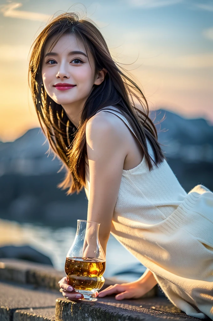 8k,Brown short hair,Very slim body、Japanese actress,Super Beauty(Like the real thing),Wine Party、wine glass、Wine bottle、sparkling wine、White wine、red wine、full-course dinner,Neat and clean dresses,Cocktail Dresses、Big smile,Amazing view of the sunset sky and clouds、,Perfect Anatomy,charm,Volume measurement,Body balance,Digital single-lens reflex camera, Soft lighting, Detailed Background, Written boundary depth, Volumetric lighting, Sharp focus, Absurd, Realistic proportions, Excellent anatomy, (Realistic, 超Realistic:1.4), 16k hdr, dawn,High resolution,super Realistic 肌,super beautiful expression,Fantasy art,Character Art,Wind effects:1.9、Cloud Effect:1.2、Full Rendering、プロ品質のHigh resolution、Perfect contrast、Perfect lighting、Perfect composition、Perfect Skin、Perfect Fingers、Perfect breasts、Perfect Hair、Perfect Face、Realistic facial features,Highest quality,Slim figure,Perfect body line,Perfect hand shape,Anatomical Body Balance,Highly detailed face,Highly detailed eyes,Beautiful Lips,Excellent light particles,Cinema Lighting,compensate,超High resolution,Ultra-Realistic Skin,Dynamic pose,blue eyes,