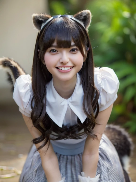 Best quality, masterpiece, HD digital photo of a girl, Pixar animation style, a cat-eared girl in 30% English maid outfit, upper body, standing back smiling looking at the camera, Cafe Background, soft lighting, warm colors, ((()))