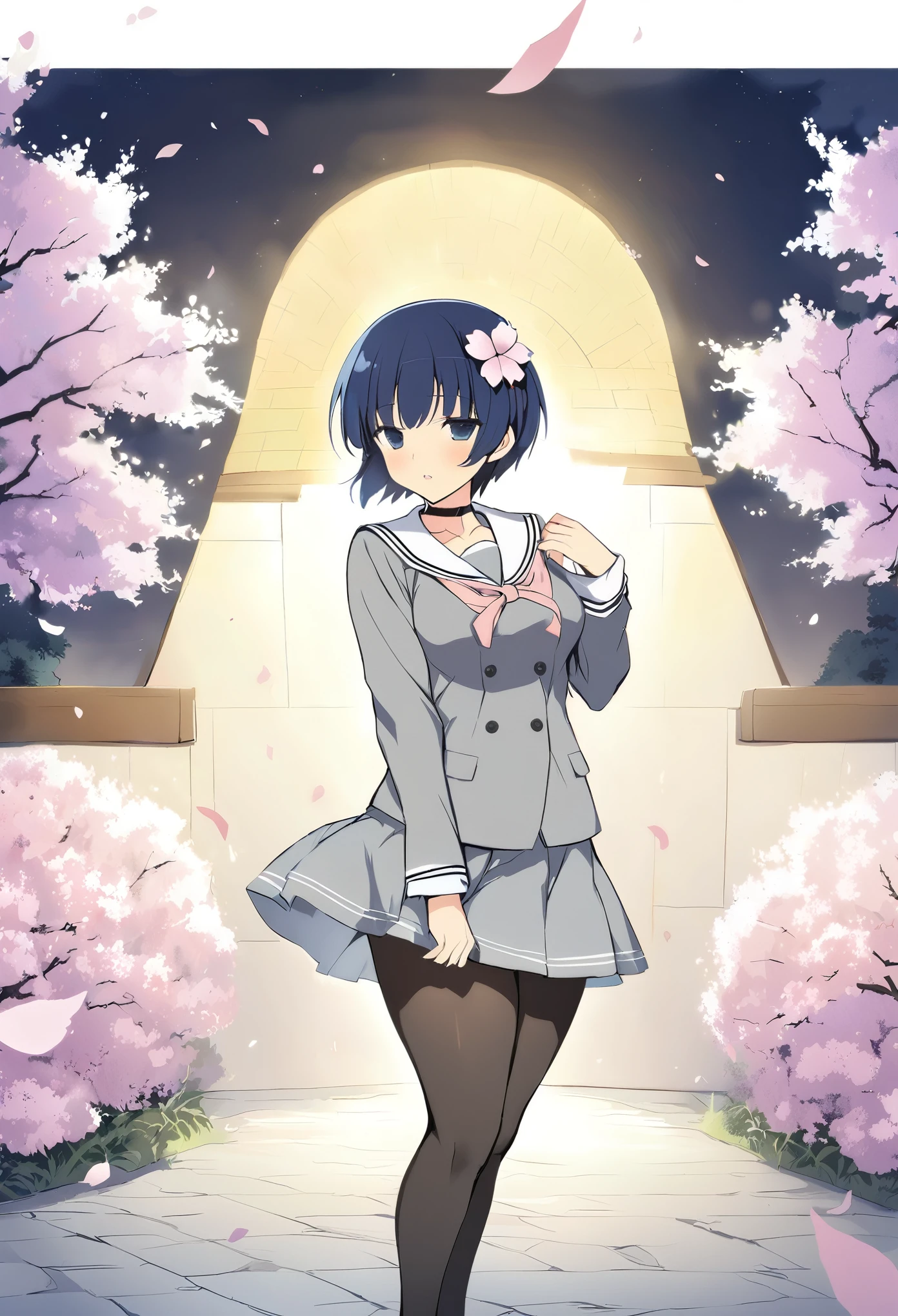 masterpiece, The best, 
Night cherry blossoms (Senran Kagura), 1 girl, alone, short hair, blue hair, blue eyes, Big , hair accessories, hair flower, 
flower, badge, 
White background, Looking at the audience, 

Night cherry blossoms_School, , White sailor collar, gray jacket, black button, grey skirt, skirt ruffles, neck strap, gray band, black pantyhose, Gray loafers, 