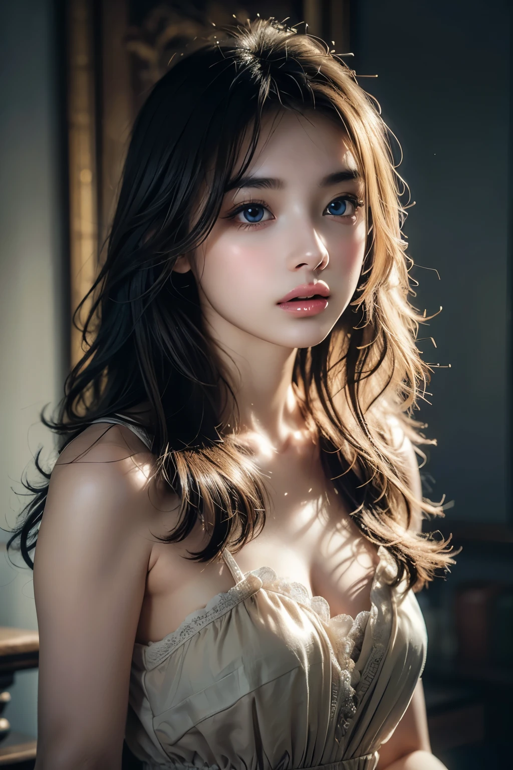 masterpiece, Best Quality, Super detailed, Illustration, Beautiful details, Depth of written boundary, Dynamic Angle, 8K wallpaper, Portraiture, Best light and shadow quality, 4K, 8k, CG, The finer details, Blurred Background, Upper Body, Contemporary, dress, blonde, Long Hair, Beautiful Eyes, Beautiful splashes、Seductive lips