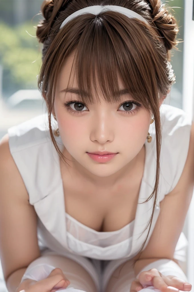 (Tabletop:1.4, Photorealistic:1.4, 8k), Best Quality, masterpiece, Ultra-high resolution, Perfect dynamic composition, Big Face、Round face、((Light Brown Hair:1.4、Hair Bun:1.4))、Detailed skin and face textures:1.3, Limb details, Cute and sexy 30 year old Japanese nurse, (Sunburned skin:1.2), ((It will totally charm you:0.9)), Hospital examination room, Stethoscope, ((White nurse costume:1.4, White pantyhose:1.1)),(Clevis, Medium Chest), (Look away、Beautiful Eyes, Black Eyes, Beautiful erotic eyes:0.85), Sexy Face:0.4, (Mouth closed、Small Mouth、Thick lips、A taste of beautiful eroticism:0.85), ((So cute beauty:0.9))、Natural Makeup, Shooting from below, Look Down, Squat