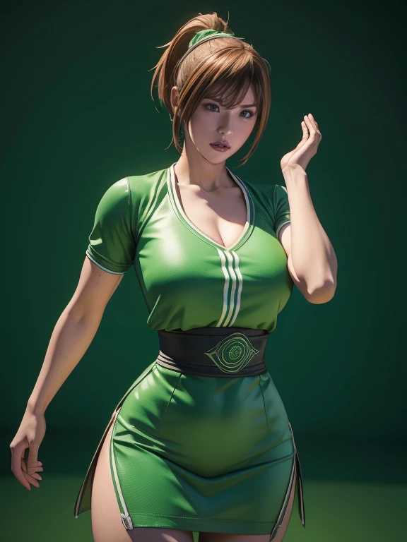 
A woman in her 50s is posing in green and white clothes, Fighting game characters, 3d rendering character art 8k, Asuka, As a Tekken character, King of Fighters characters, Fighter Pose, Mirabelle Madrigal&#39;s Rendering, Combat pose, 3D Character Art, 8k octa-rendered photo, she&#39;Ready to fight, Combat pose