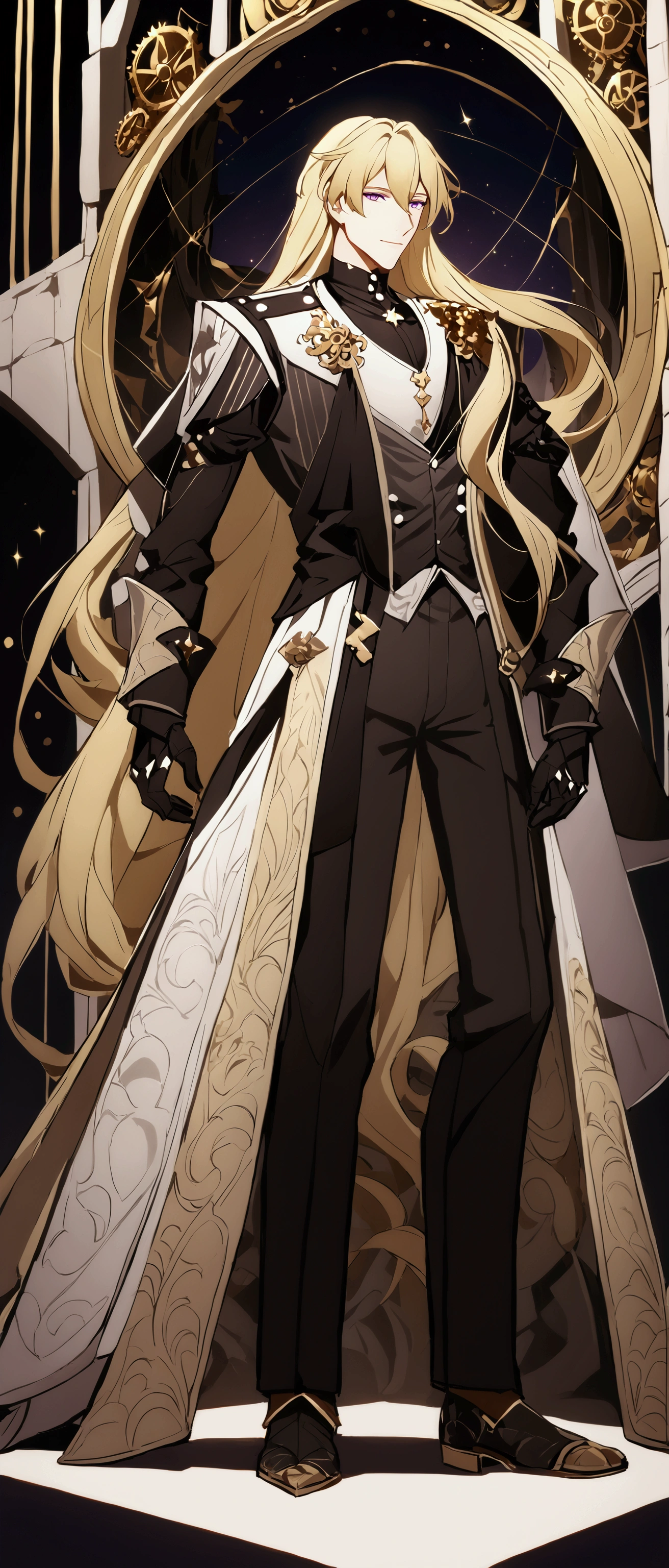 Background with golden medieval gears meshing together, long haired blond male, Gorgeous animation style, Purple eyes, A white cloak split into two, Soft impression, A gentle smile, long haired blond man, Stand still and look to the side, A costume made up of a combination of gold and black