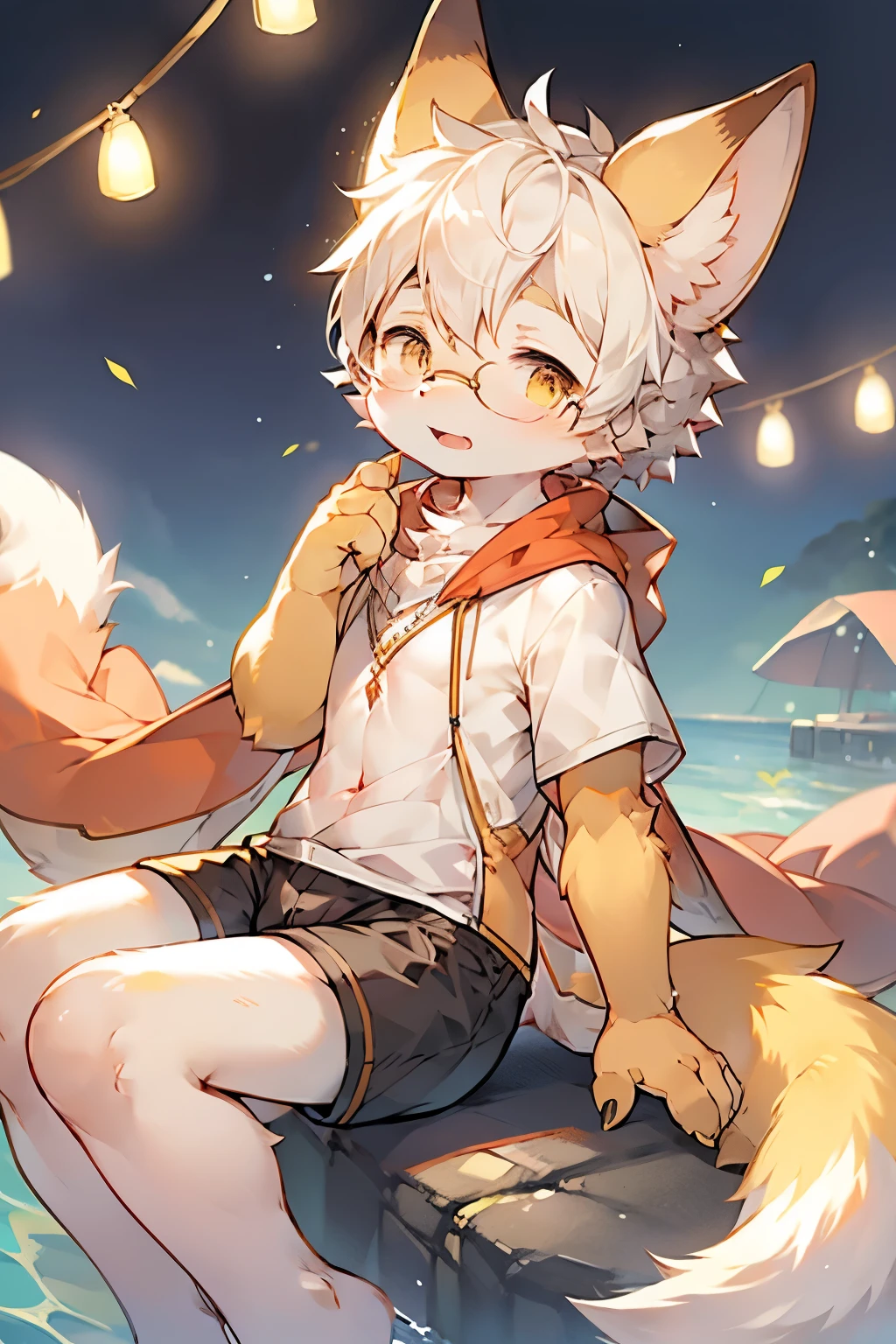 Cow Boy，Horns，Furry boys，Baby characteristics，Yellow skin，White Arm，White hair，tie，Short sleeve，shorts，Outdoor bright background