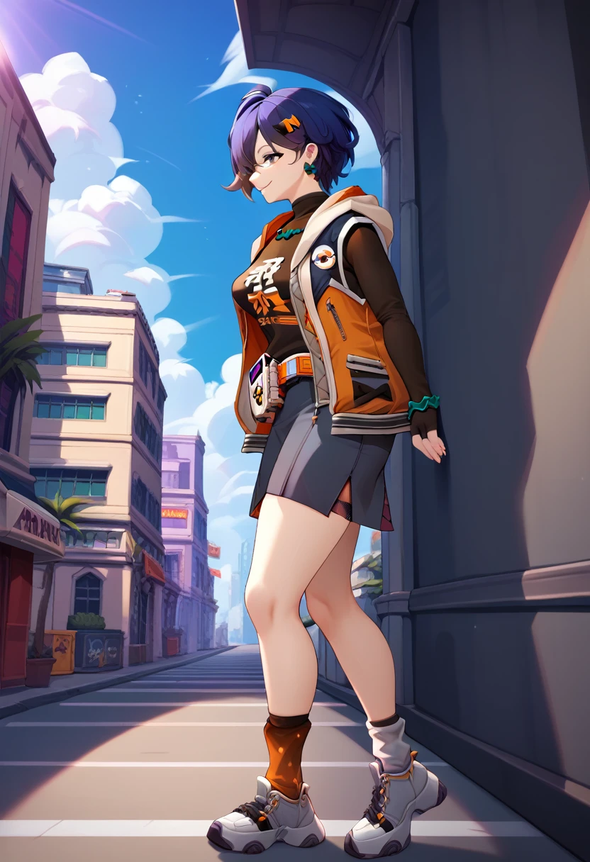 (masterpiece), (Best quality), (Very detailed), (high resolution), (8Khighres), (cel anime), (detailed beautiful face and eyes), (textile shading), (cowboy shot), (city), belle \(zenless zone zero\), single fingerless glove, black shirt, single thighhigh, earrings, hairclip, sneakers, layered skirt, single sock, sleeveless jacket, asymmetrical legwear, necklace, bracelet, medium breasts, beautiful breasts, walking, smile, from side,,