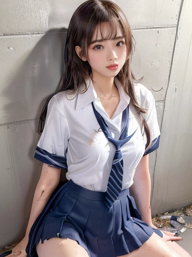 School uniform, Sailor Suit, serafuku, Dark blue pleated skirt, take the hem of the shirt out of the skirt, jumping and raising hands pose, Straight long black hair, bangss、s lips、without makeup、short eyelashes、watching at viewers、A smile、Photorealsitic、high-level image quality、masutepiece, Best Quality, 8K, Beautie、Fine details