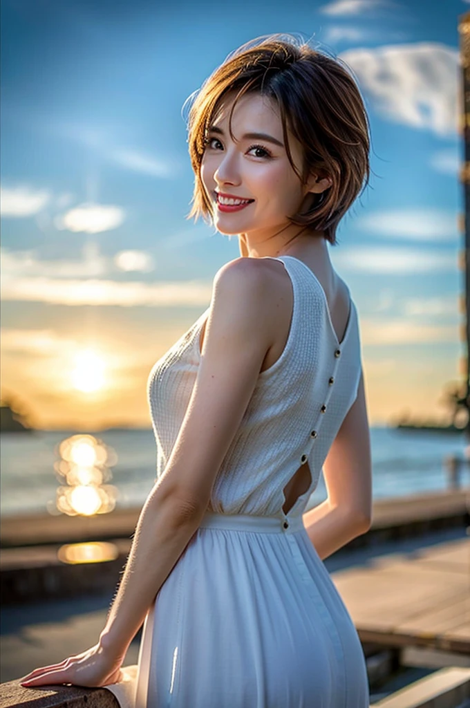 (8k, RAW Photos, highest quality, masterpiece:1.2), (Realistic, photo-Realistic:1.37), Very detailed,
1 girl,cute, alone,Beautifully detailed skies,Detailed Cafe,night,Sitting,Date,(Red nose),(smile:1.1),(Mouth closed),Large Breasts, seductive smile, Wide opening, Professional Lighting, Sony A7R4, Zesse 50mm F1.8,,Put your arms behind your head:1.5,Mole under the eye:1.Two medium breasts,Beautiful fine details,(White sexy dress:1.1), bow tie,Pleated skirt,(short hair:1.2),Floating Hair