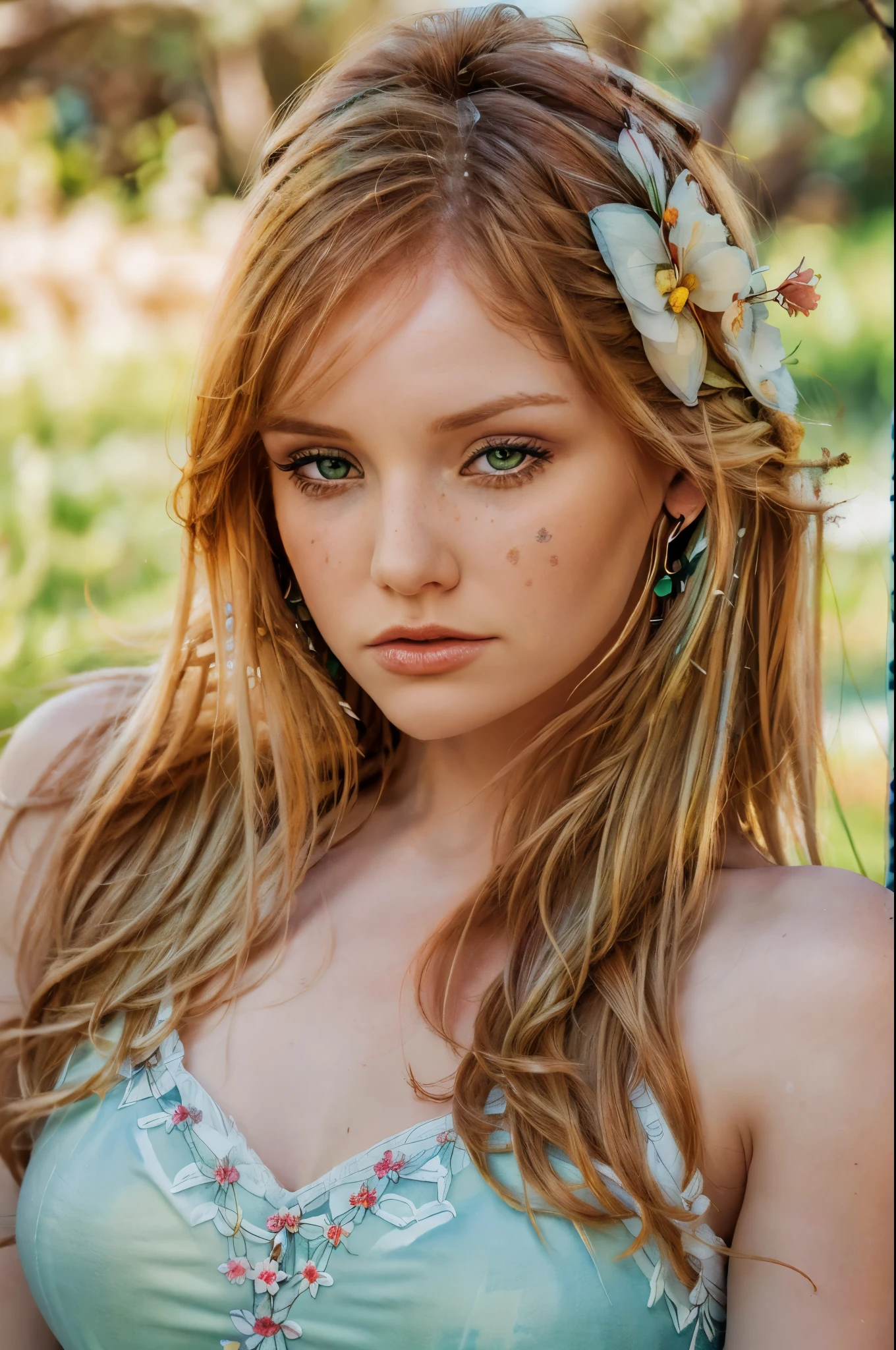 DemiHawks, Woman,
headshot, close-up portrait,
romantic, ethereal, delicate, floral dress, flower crown, long wavy hair, outdoor setting, Tim Walker, whimsical photography, fairy tale, dreamy, magical, enchanted, surreal, pastel colors, beauty, enchantment. 8k. High quality. Ultra realistic.