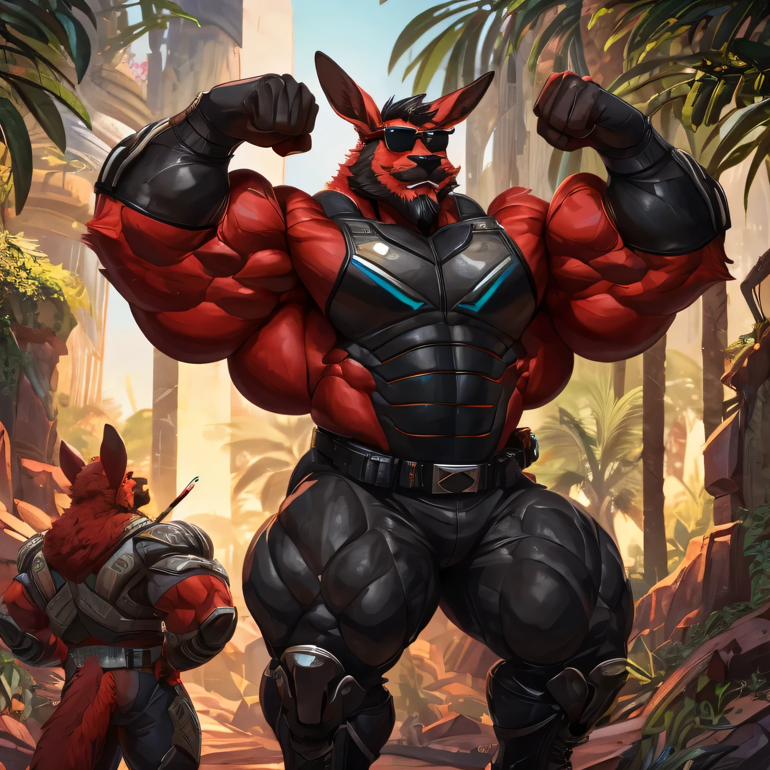 Anthropomorphic badass experiment bodybuilder nightmare kangaroo (realistic, detailed, american shot, muscle mountain, aesthetic body, largest possible muscles, massive muscles, well-built body, 2.0 meters tall, tall, red fur, aesthetic physique, beefy, massive physique, broad-shouldered, very stocky, muscular oversized body, muscular oversized arms, kangaroo head (red fur, black thick full mustache, black thick trimmed short beard, black short hair, biting a cigarette, wears red sunglasses, wear red sunglasses), red fur, wears a black futuristic military heavy bodyarmor, wears a black futuristic pant, wears black futuristic boots, wear a black futuristic military heavy bodyarmor, flexing the right arm) flexing the right arm, in a jungle near futuristic ruins.