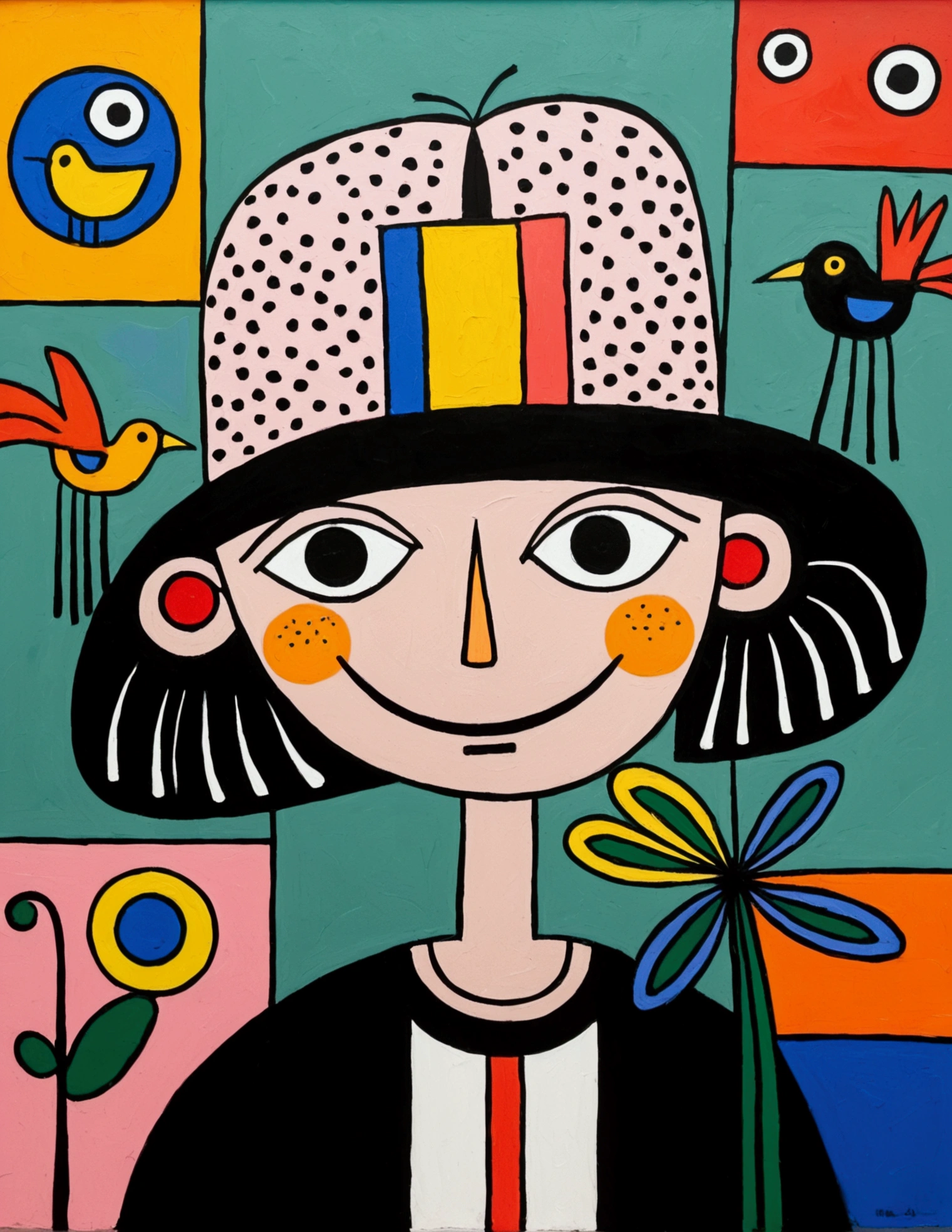 in the style of Thierry Noir（artist）， a painting with a funny looking cat with a hat holding a red bird , in the style of de stijl, playful cartoons, monumental figures, vivid birdlife, maquette, fine lines, childlike innocence
