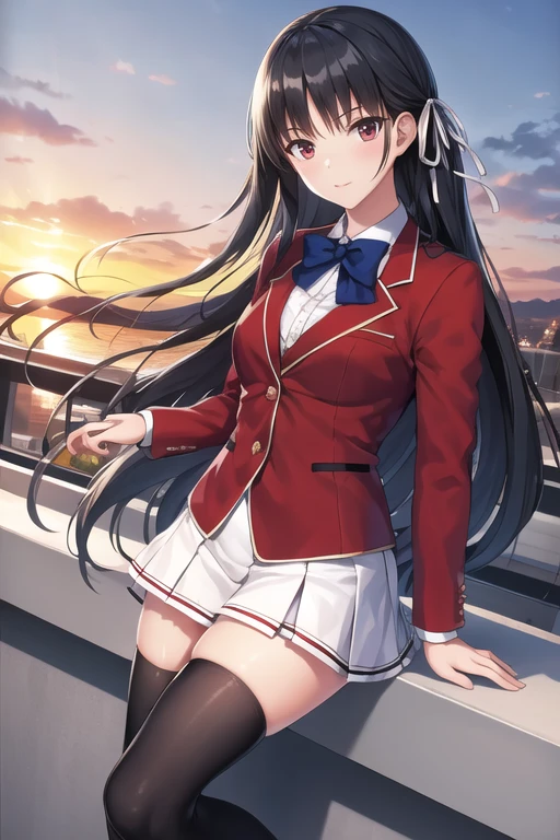 masterpiece, Best Quality, High resolution, Fill it up, Long Hair, Black Hair, (Single Blade:1.2), Hair Ribbon, Red jacket, blazer, Blue bow tie, Long sleeve, White Skirt, Black thigh high socks, sunset, rooftop, Standing