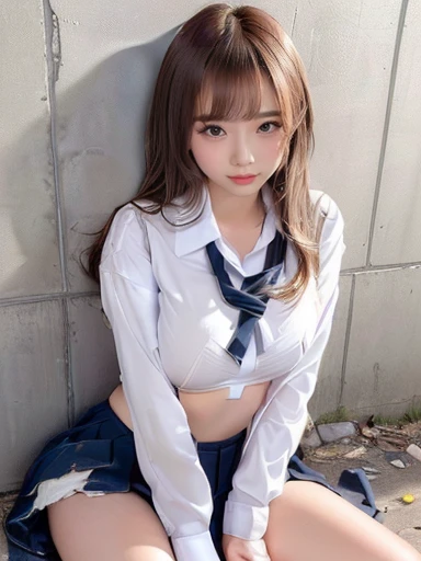 highest quality、17 years old、high school girl 、very cute、((Large Breasts))、((Cute Woman))、(Ecstasy face)、Long brown hair with bangs、Long legs、 Perfect balance、Slim woman、(Increase the resolution)、(8k)、(Very detailed)、(Beautiful big eyes)、Droopy eyes、Earrings、necklace、(highest quality)、(Very detailed)、(masterpiece)、(wallpaper)、(Detailed face)、((white short sleeve sailor uniform:1.3))、Very short white sailor suit、(Navy Pleated Mini Skirt:1.5)、((Perfect Anatomy))、Perfect limbs、Perfect Fingers、((very slim thin thighs))、(Very thin legs)、((barefoot))、(Spread your legs wide:1.3)、(Lift your legs:1.3)、(Navy Pleated Mini Skirtが捲れ上がった:1.5)、(Angle from below)、((White lace panties exposed:1.5))、On the grass in the park、