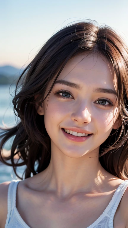 highest quality、8K、32k、Masseter muscle part、nffsw:1.3)、cute japanese girl、1 girl、((super close up:1.4)),long hair、(crack your abs、slim body shape:1.2)、(lips) 、smile showing teeth、double eyelid、transparent nipples、pointed nipples、shiny skin、realistic rays of light、big、beautiful face、(laughter:1.3)、squat、(From above:1.2)、(close:1.4)、along the coast、white t-shirt、blurred background、(front pin)、photo-realistic、professional lighting、highly detailed face、award-winning、deep shadow、((Ultra-realistic raw photos)),fine eyes,Lifelike eyes,thin hair,