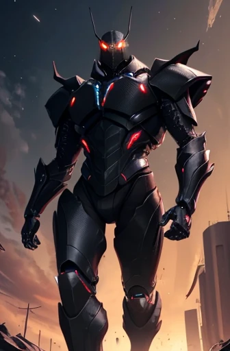 A gigantic insect-like monster, towering 6 meters tall and spanning 2 meters in width, with a body length of 6 meters from head to tail. The entire body is covered in shiny, black exoskeleton plates resembling alien armor, with segments and jointed lines that give it a sleek but intimidating look. The exoskeleton has glowing red or purple veins running along the seams, suggesting a dark energy or toxic substance inside.