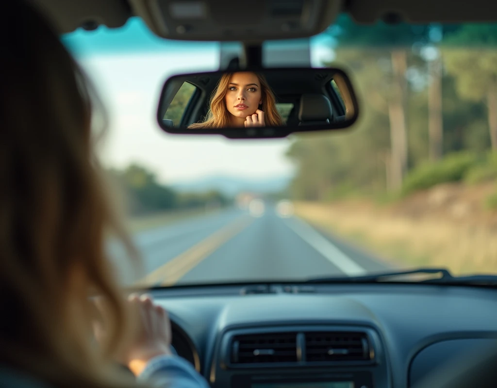 One rearview mirror, There is a rear-view mirror above the windshield. Woman reflected in rearview mirror while driving a car, woman reflected at the rear view mirror, Facing forward, looking into a mirror, view of windshield from back seat, Our eyes meet with camera, beautiful face, driving, Hair blowing in the wind, amazing view the windshield, medium wide shot, HDR photo